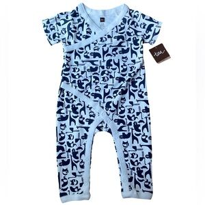 NWT Tea Collection 100% cotton navy blue animals one piece wrap body suit 3-6m